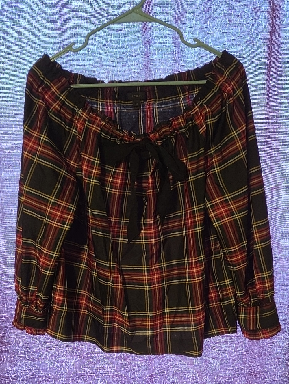 J. Crew Silk Blend Black Red Plaid Off-Shoulder Top with Front Tie